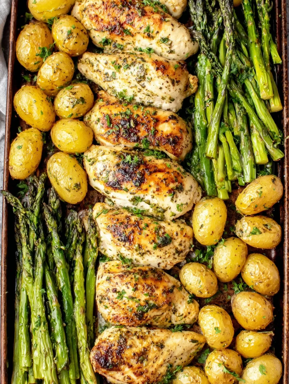 A pan of food with chicken, potatoes, and asparagus.