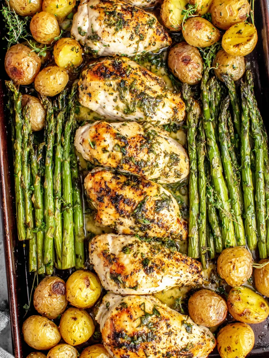 Chicken with potatoes and asparagus.