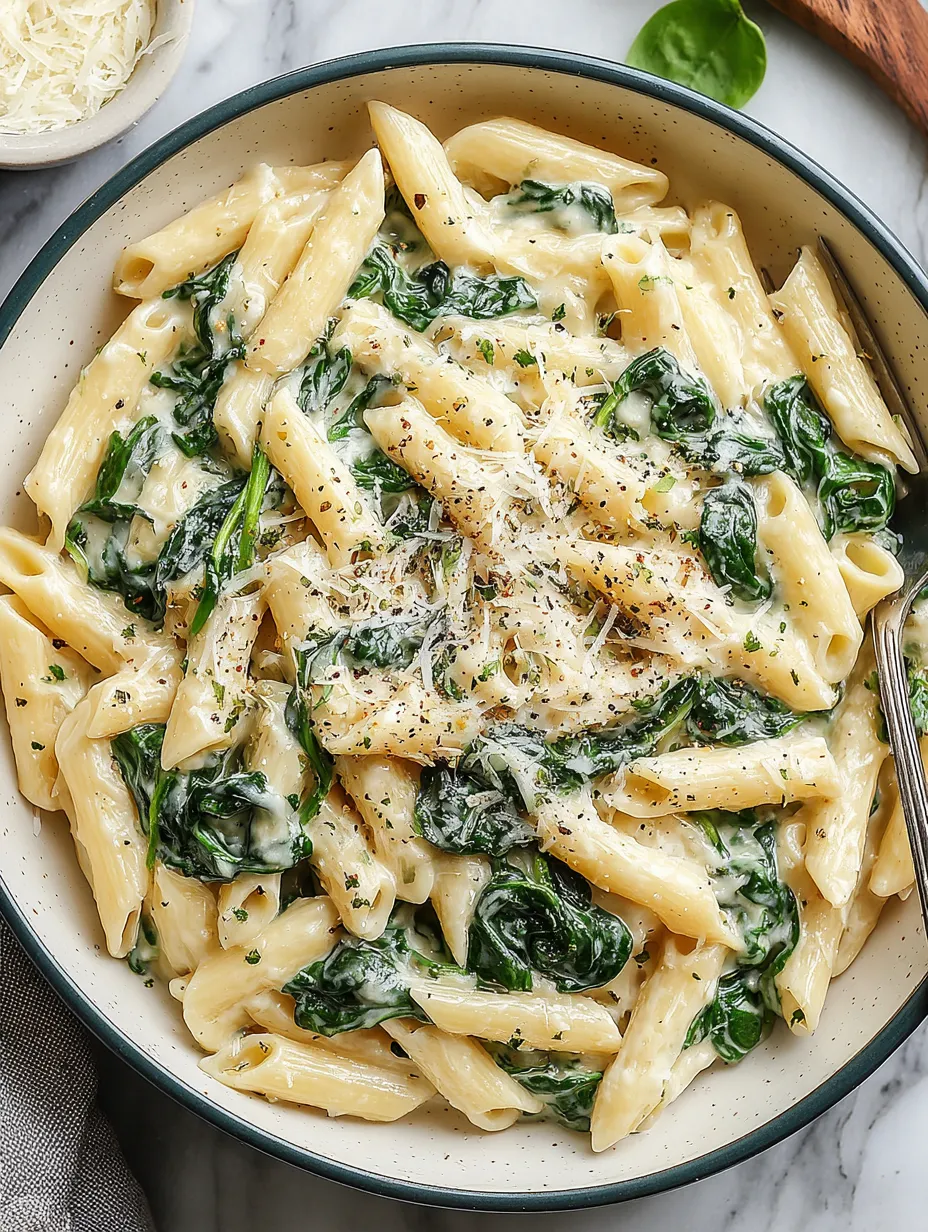 A bowl of pasta with spinach and cheese.