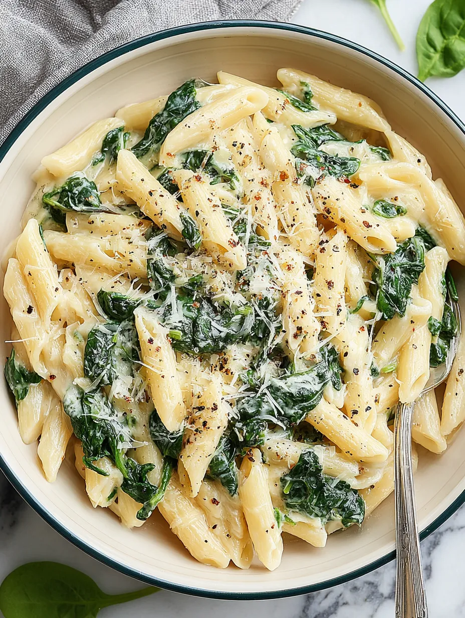 A bowl of pasta with spinach and cheese.