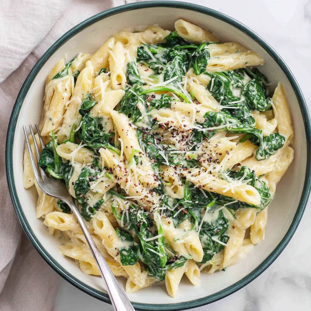 A bowl of pasta with spinach and cheese.