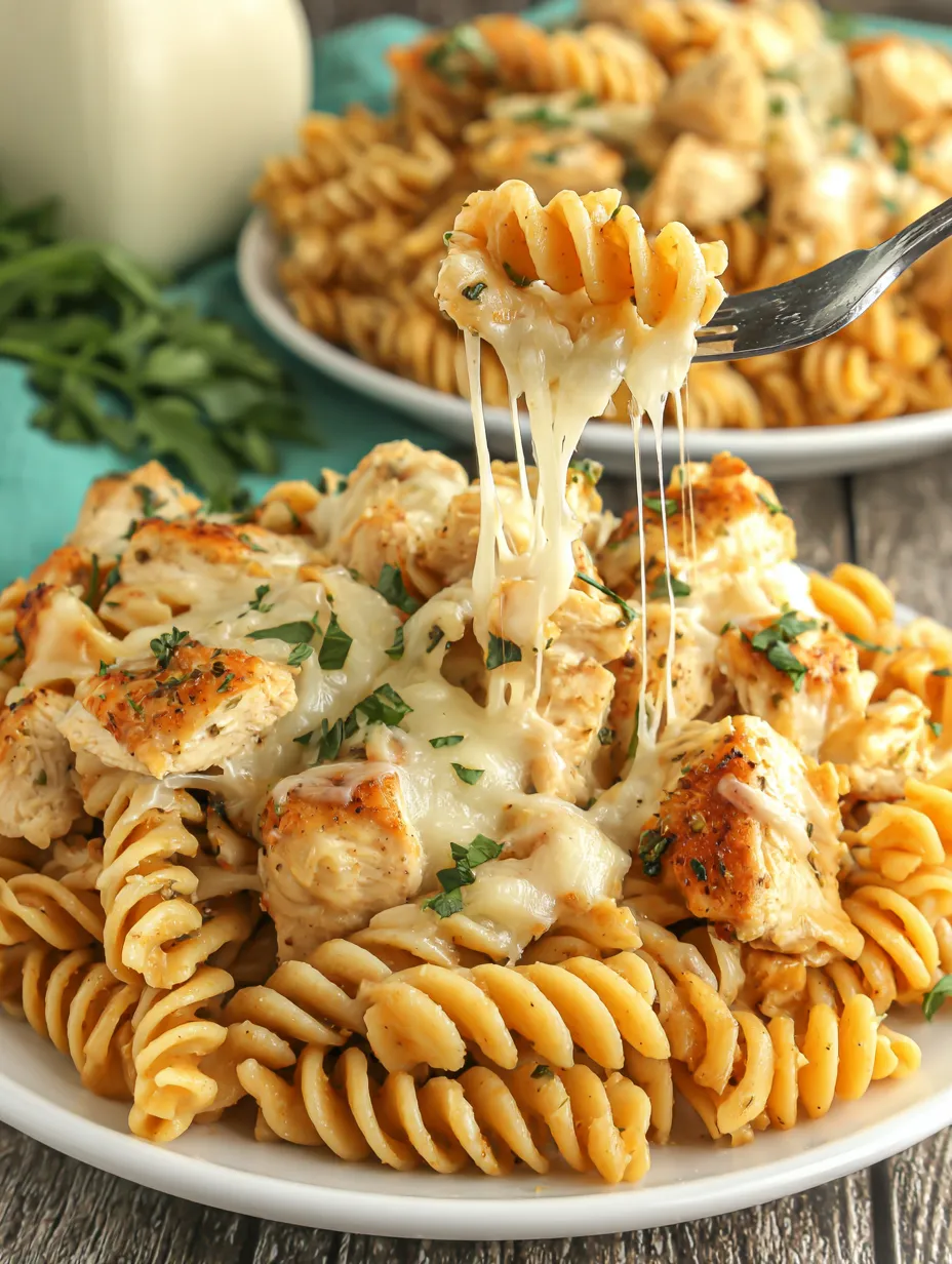 A fork is being used to eat pasta with chicken and cheese.