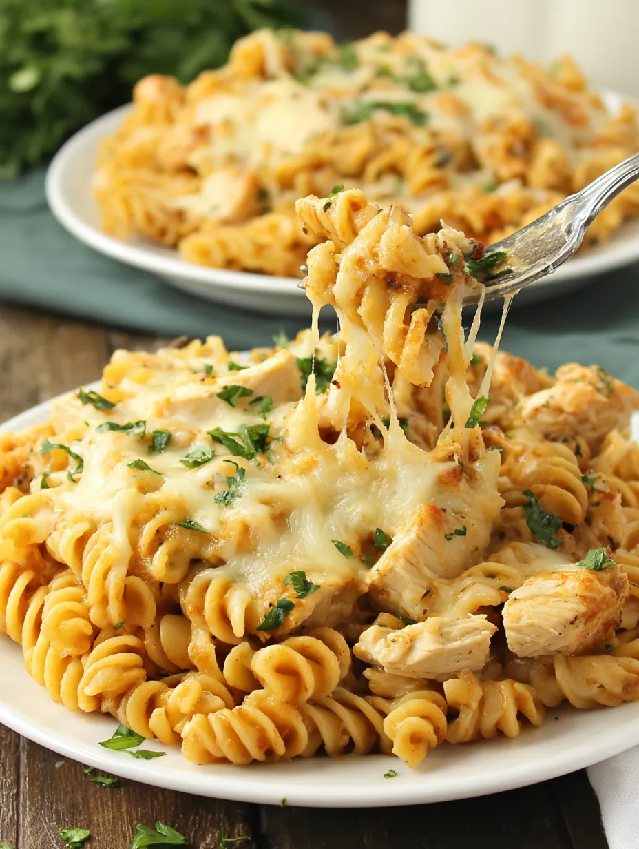 A plate of pasta with chicken and cheese.