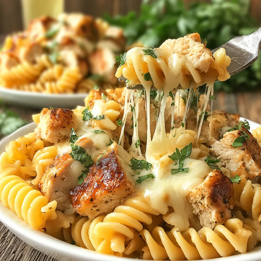 A bowl of pasta with chicken and cheese.