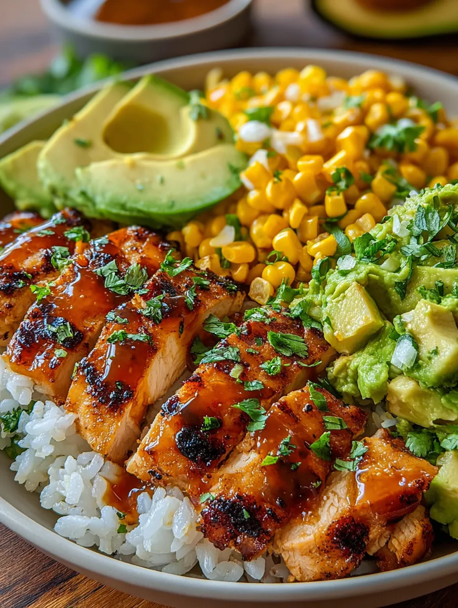 A plate of food with chicken, rice, corn, and avocado.