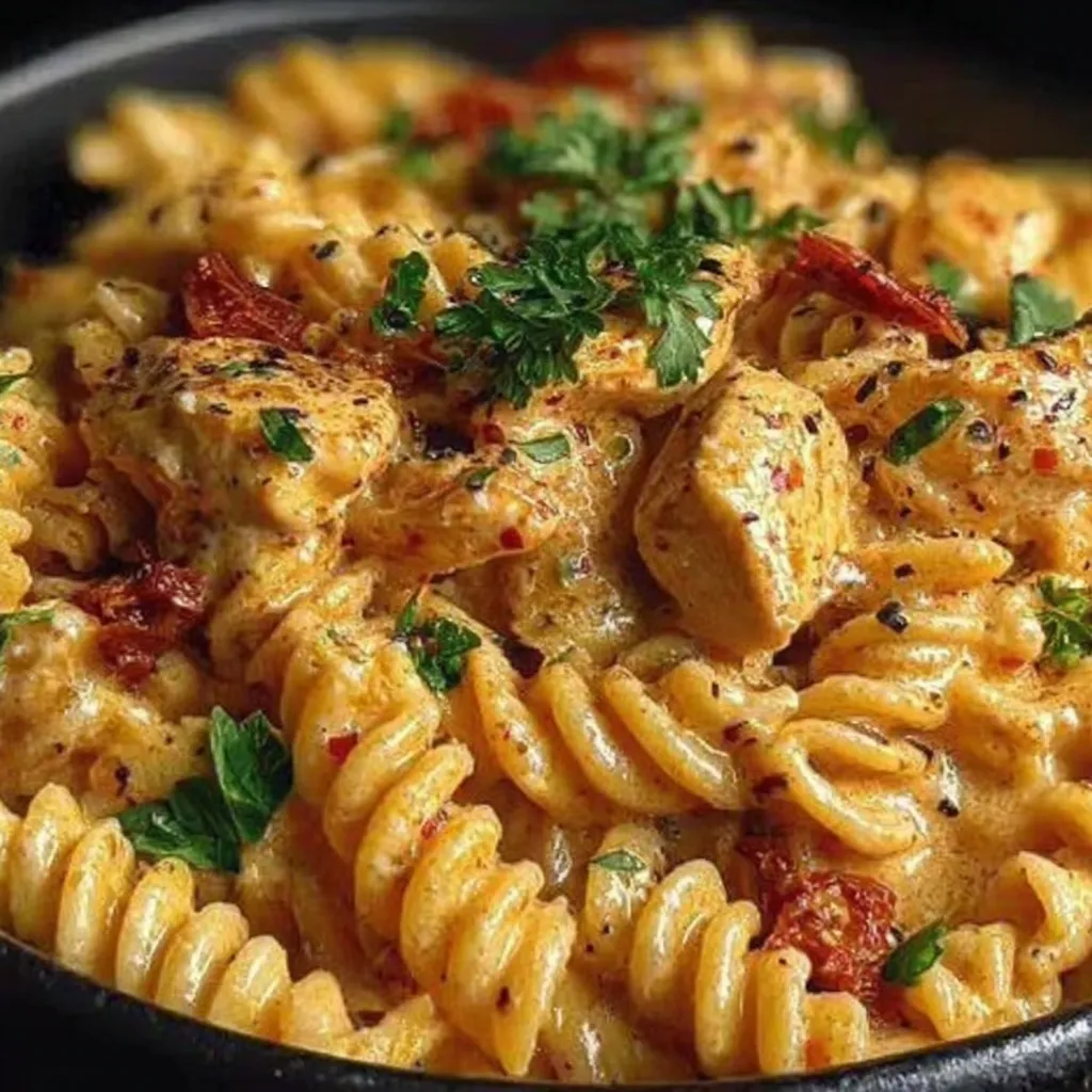 A bowl of pasta with chicken and vegetables.