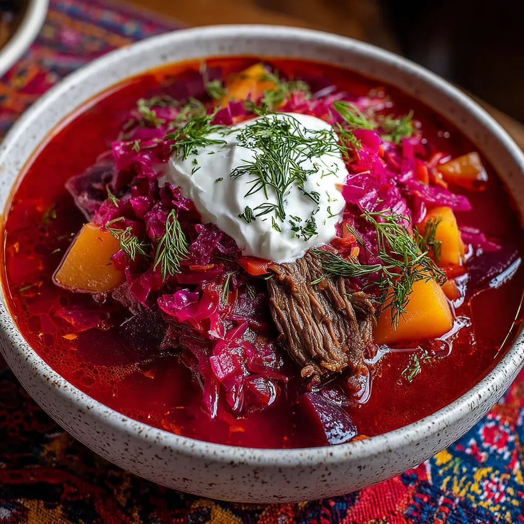 A bowl of red soup with meat and vegetables.