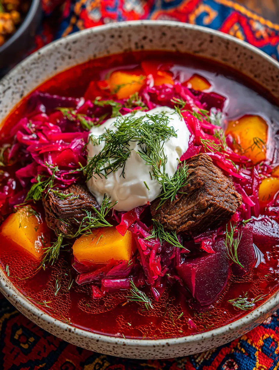 A bowl of beet soup with meat and sour cream.