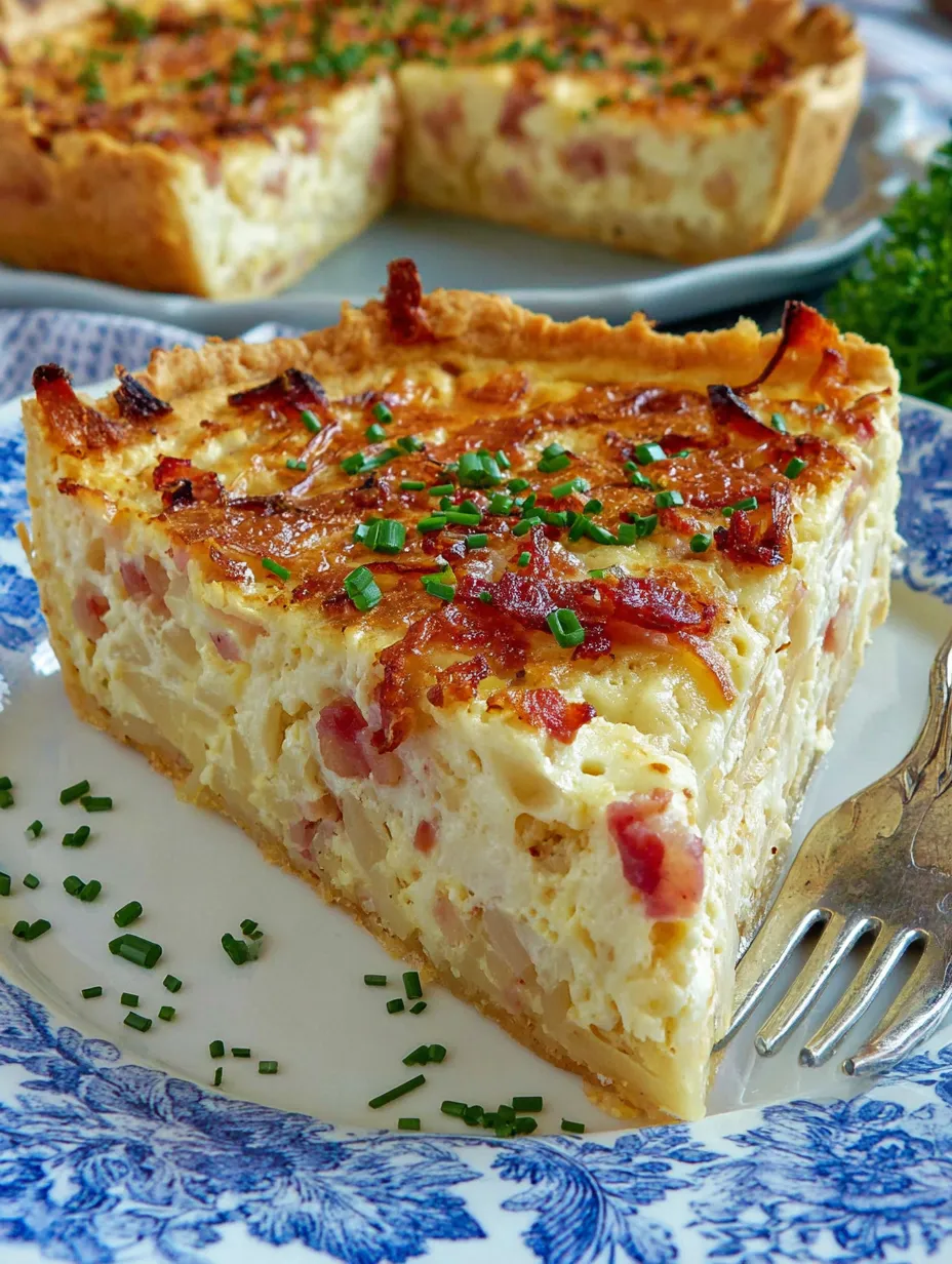 A slice of bacon and cheese quiche.