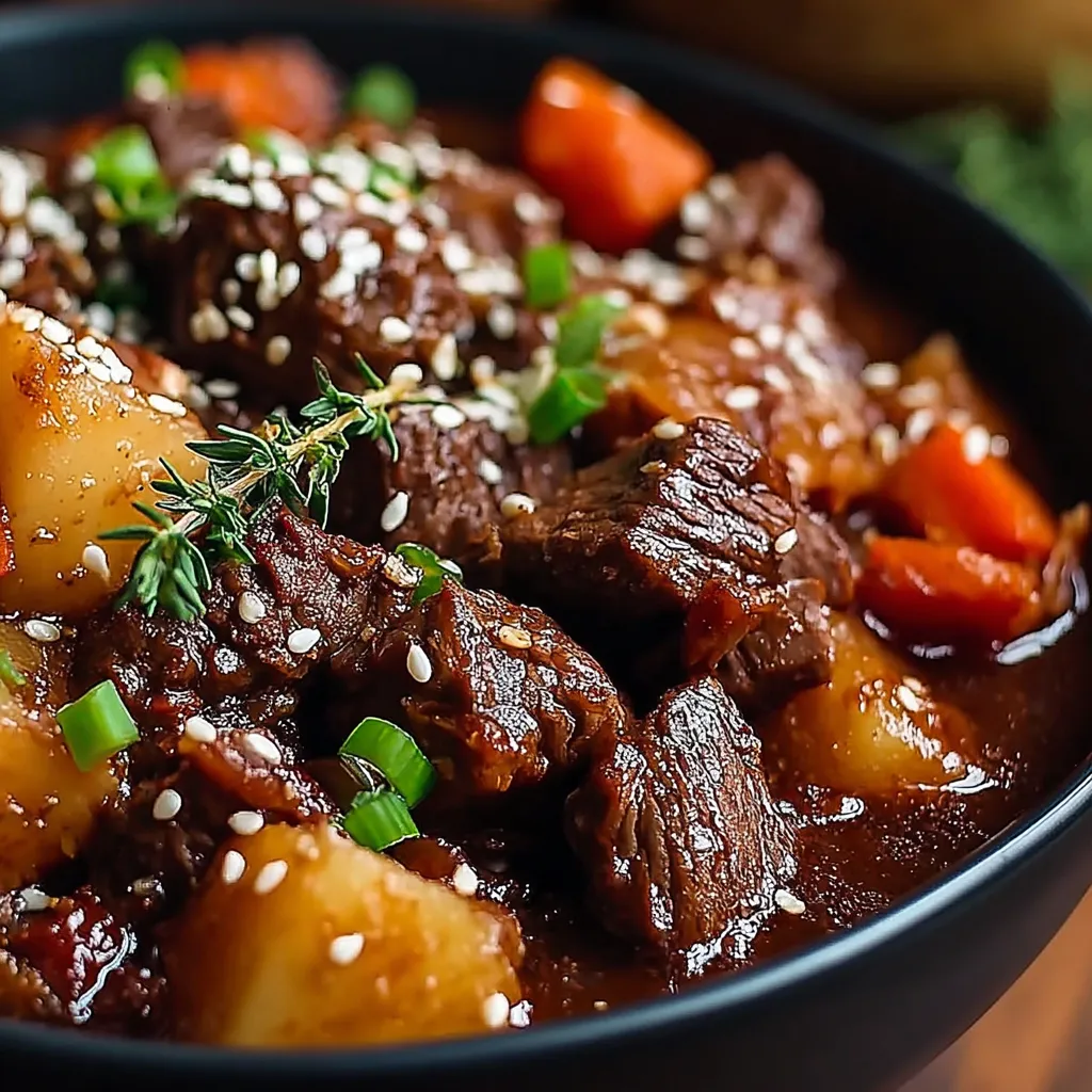 A bowl of beef stew with carrots and onions.