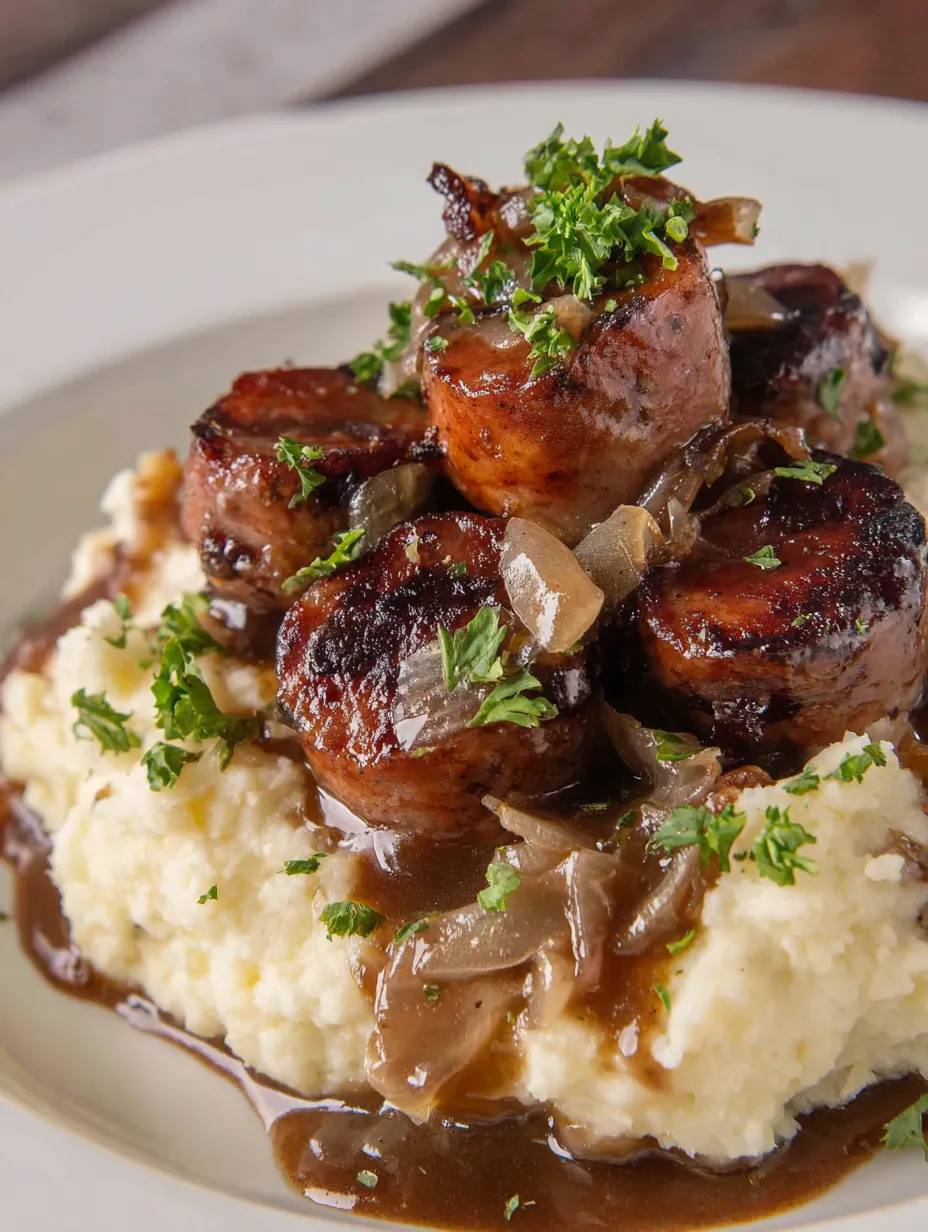 A plate of food with sausage and onions.