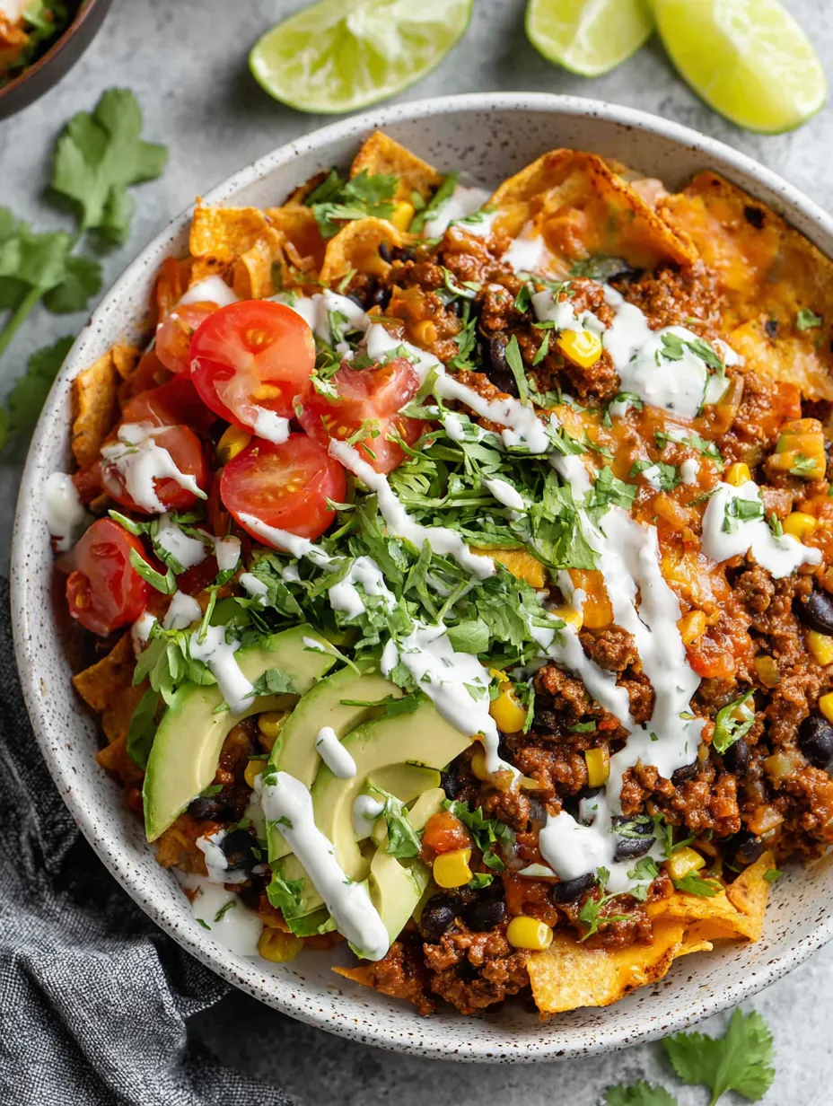 A bowl of food with a white sauce on top.