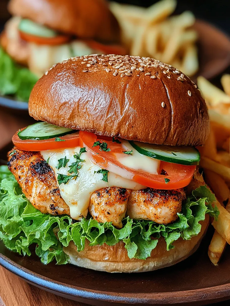 A chicken sandwich with tomatoes, lettuce, and cheese.