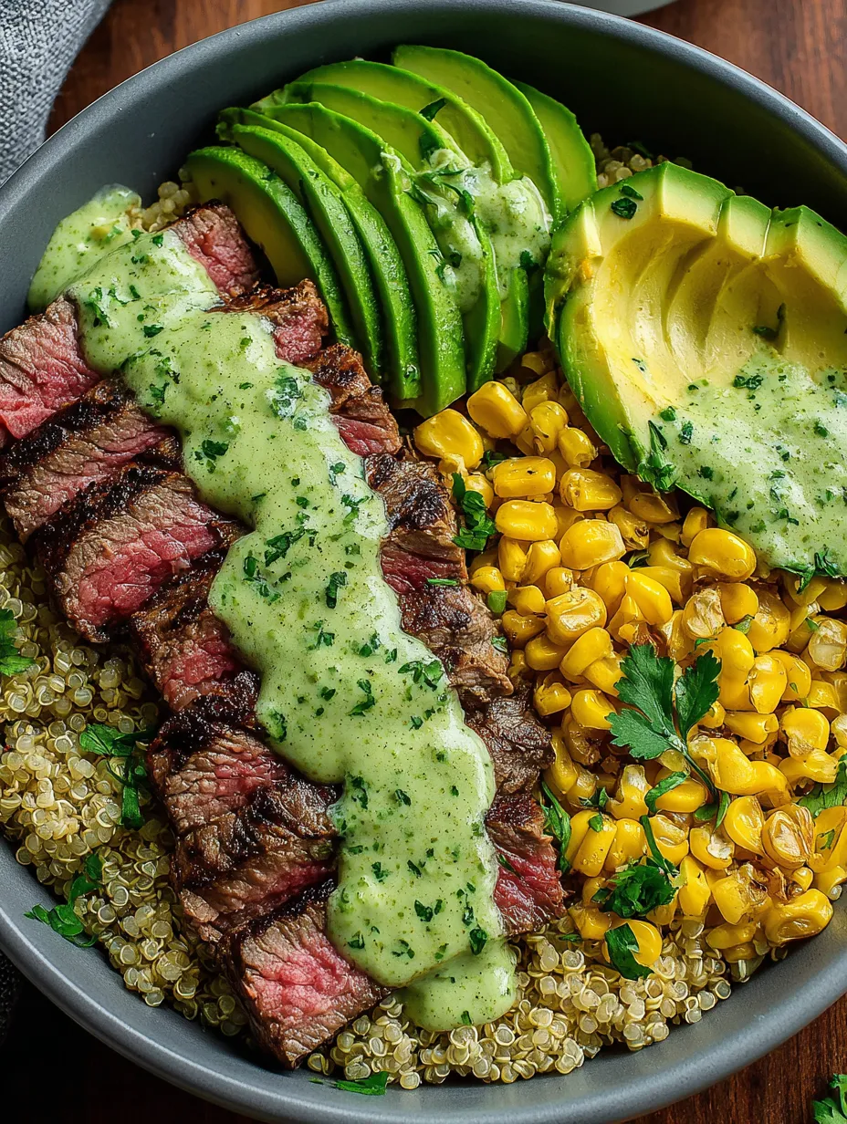A bowl of food with meat, corn, avocado, and sauce.