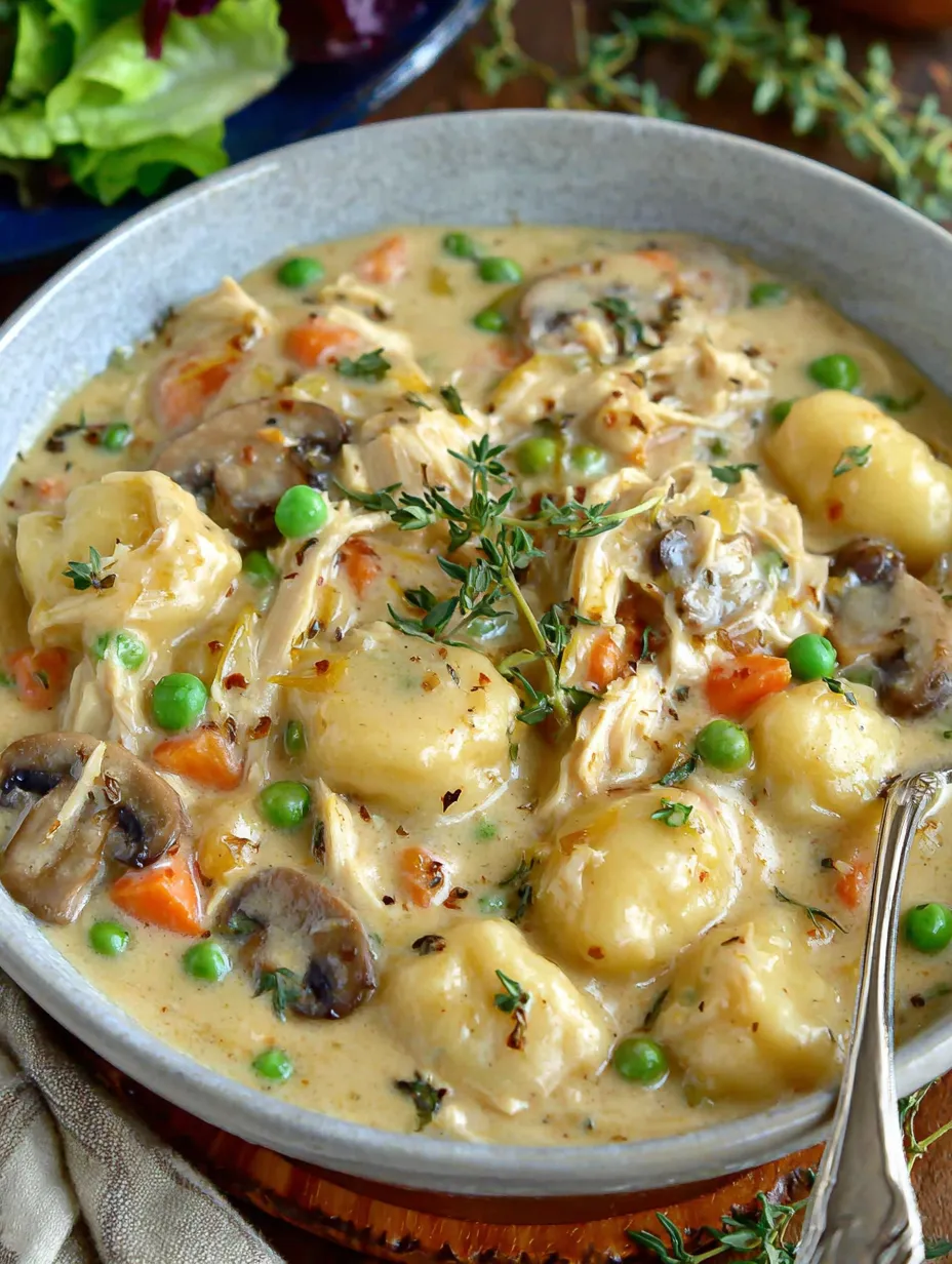 A bowl of soup with mushrooms, peas and carrots.