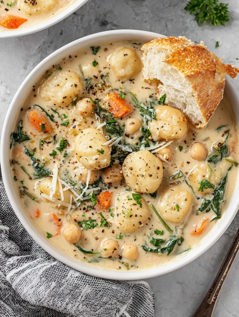A bowl of soup with bread and vegetables.