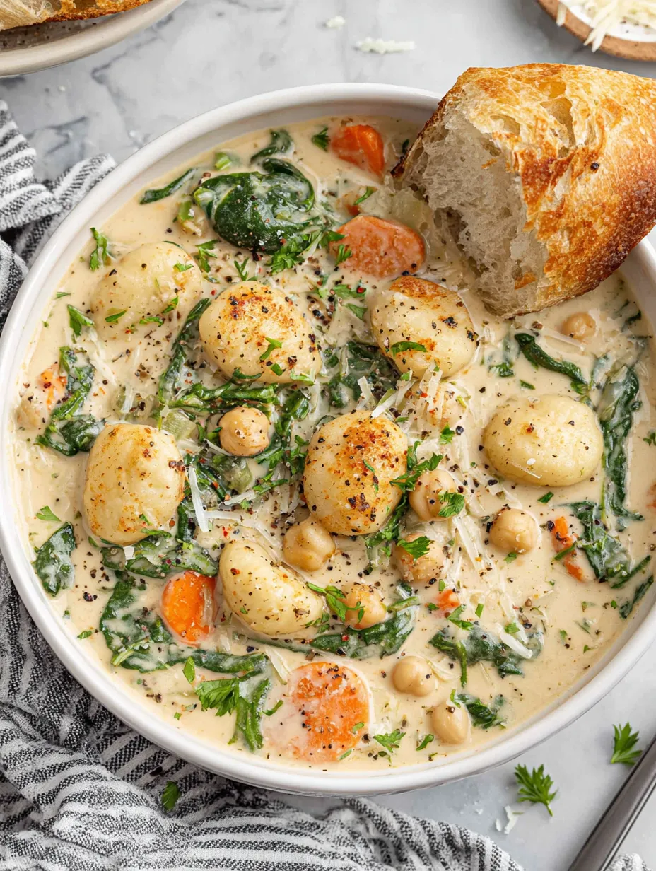 A bowl of soup with bread and vegetables.