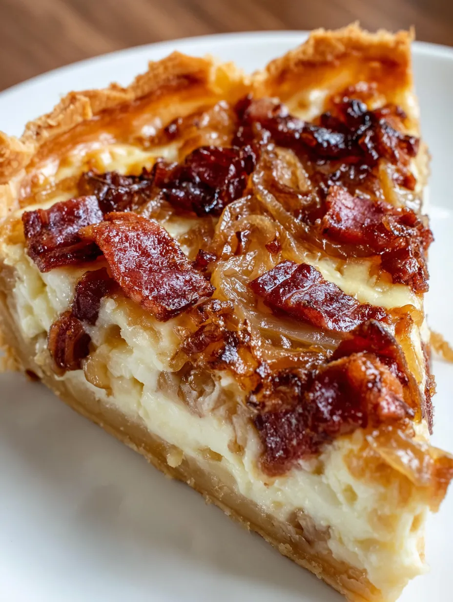 A slice of pie with bacon and onions.