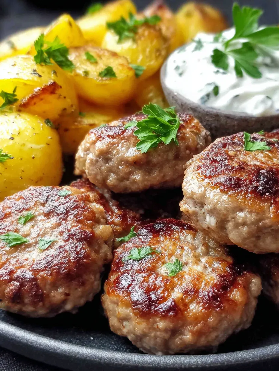 Meatballs on a plate with potatoes and a bowl of sauce.