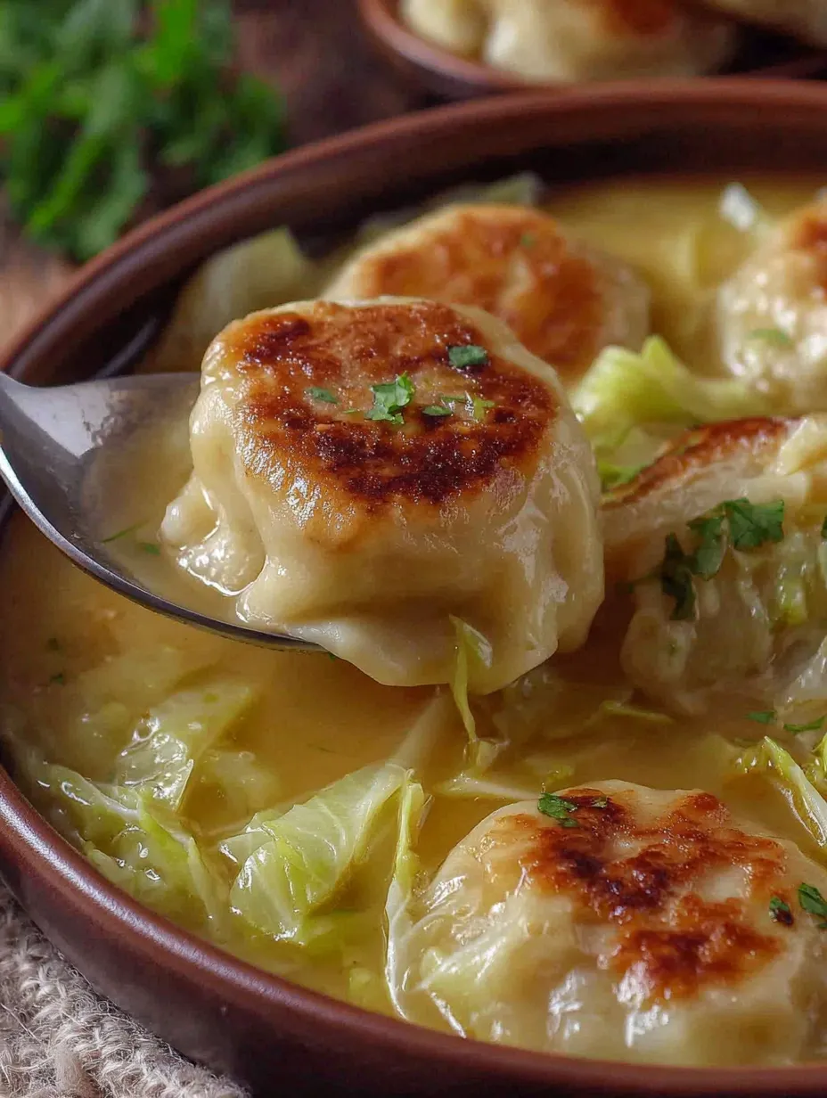 A bowl of soup with dumplings in it.