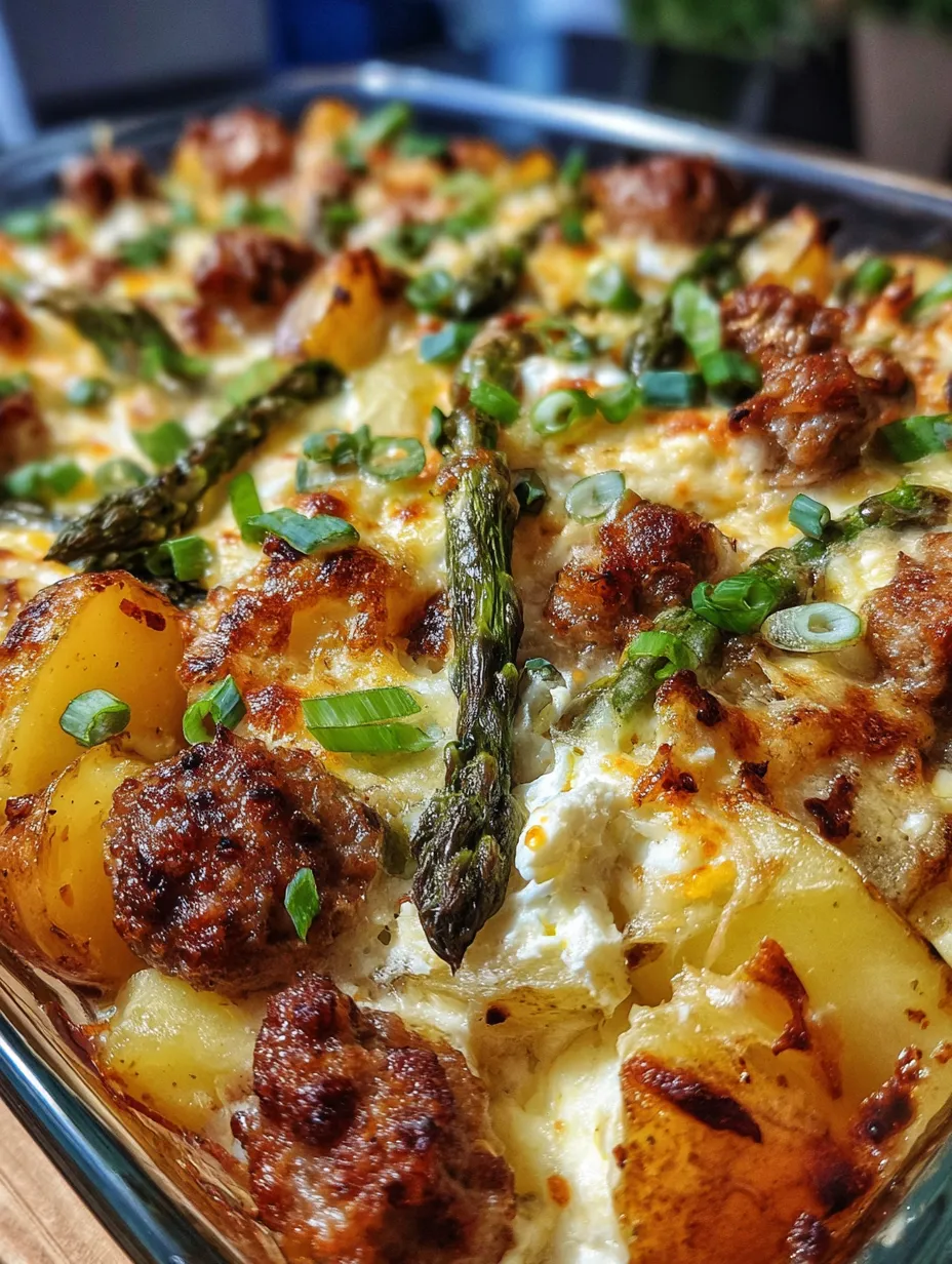 A dish of food with asparagus and meat.