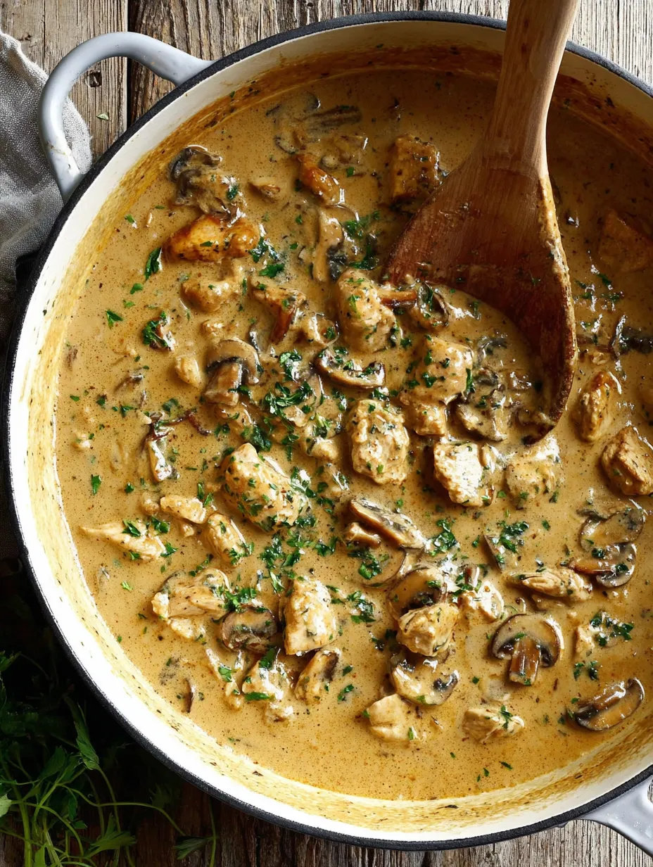 A bowl of chicken and mushrooms.
