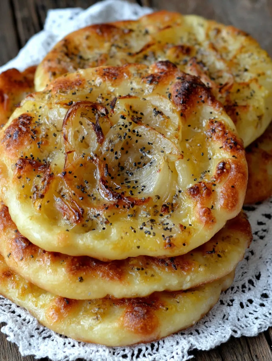 A stack of bread with onions on top.