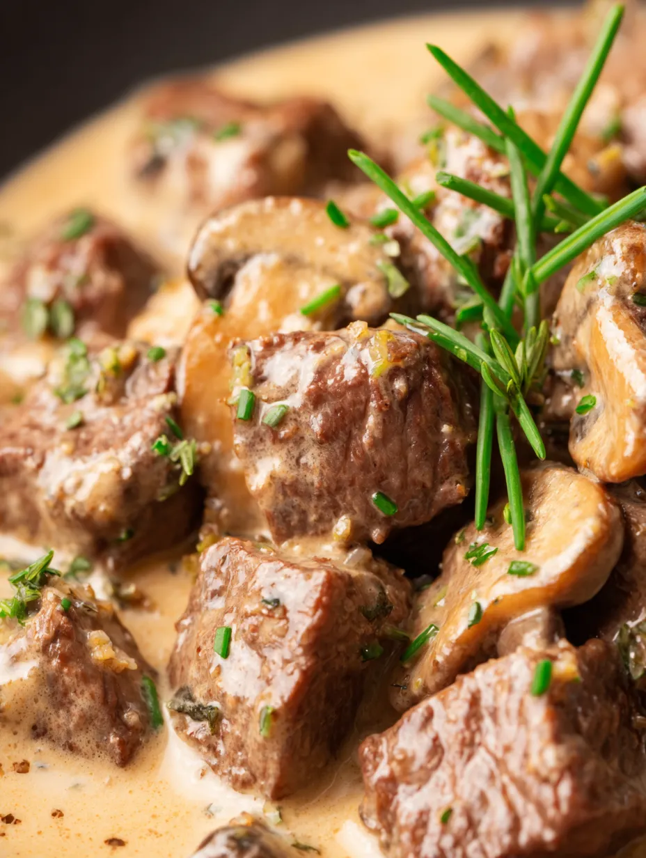 A plate of meat with mushrooms and herbs.