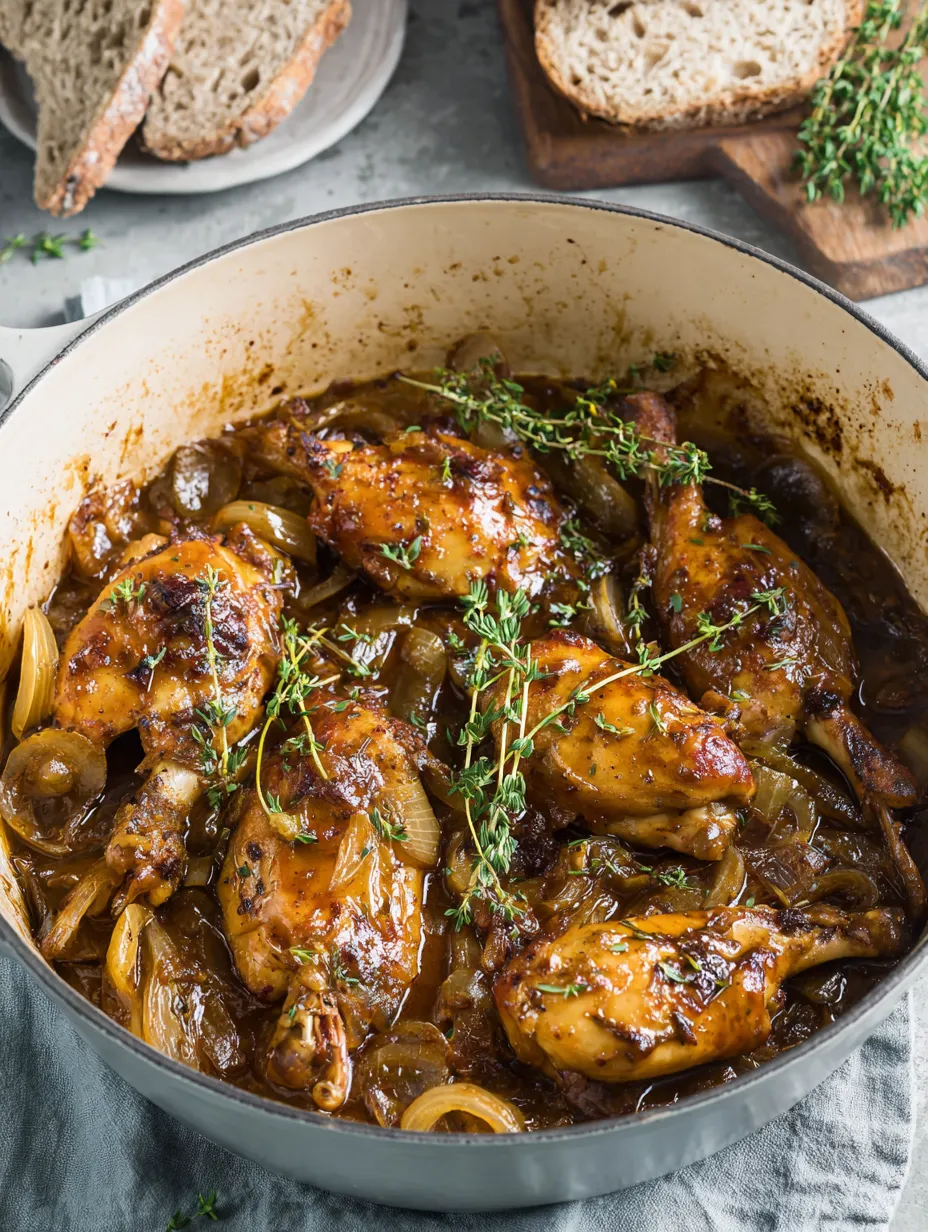 A pot of chicken with onions and herbs.