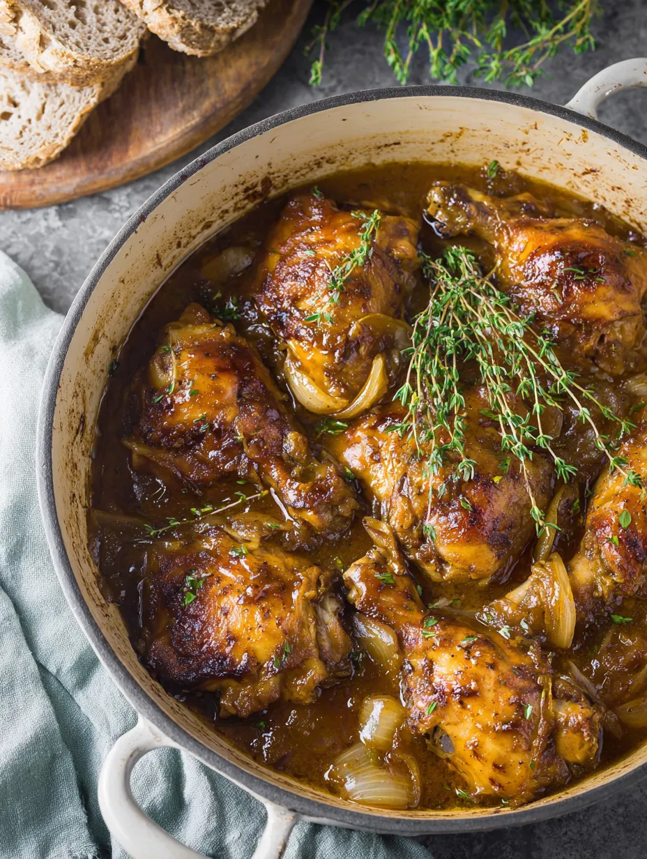 A bowl of chicken with onions and herbs.