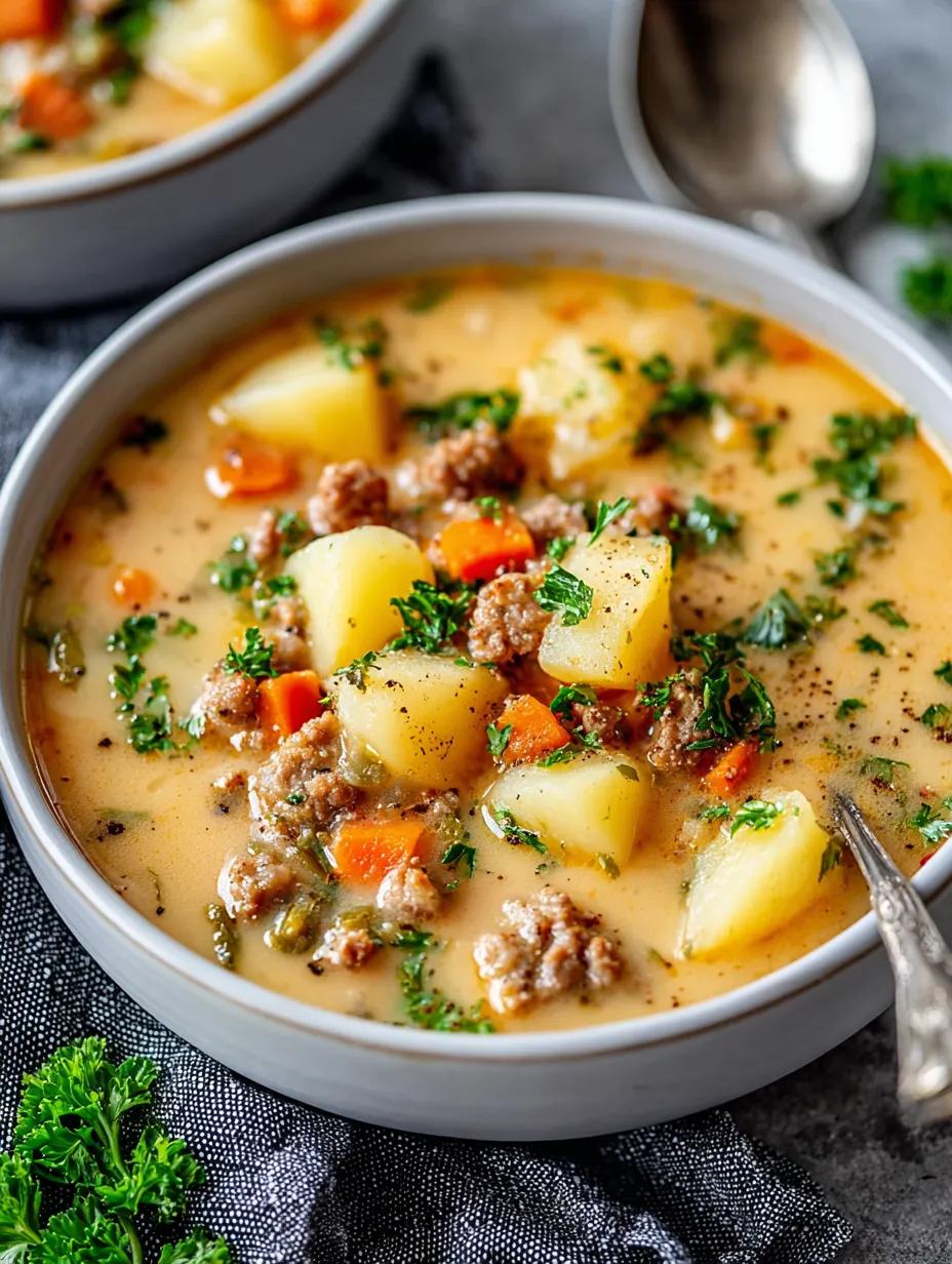 A bowl of soup with meat and vegetables.