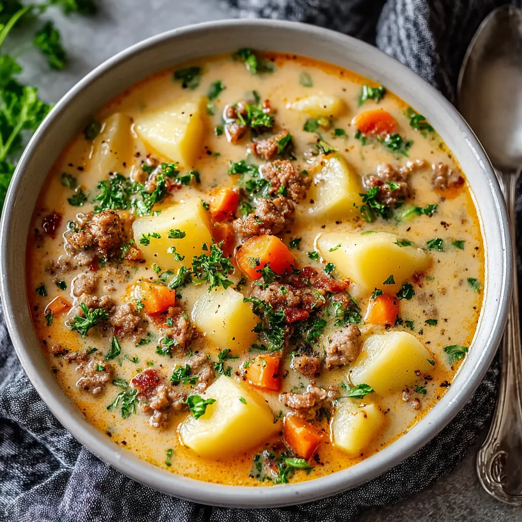 A bowl of soup with meat and vegetables.