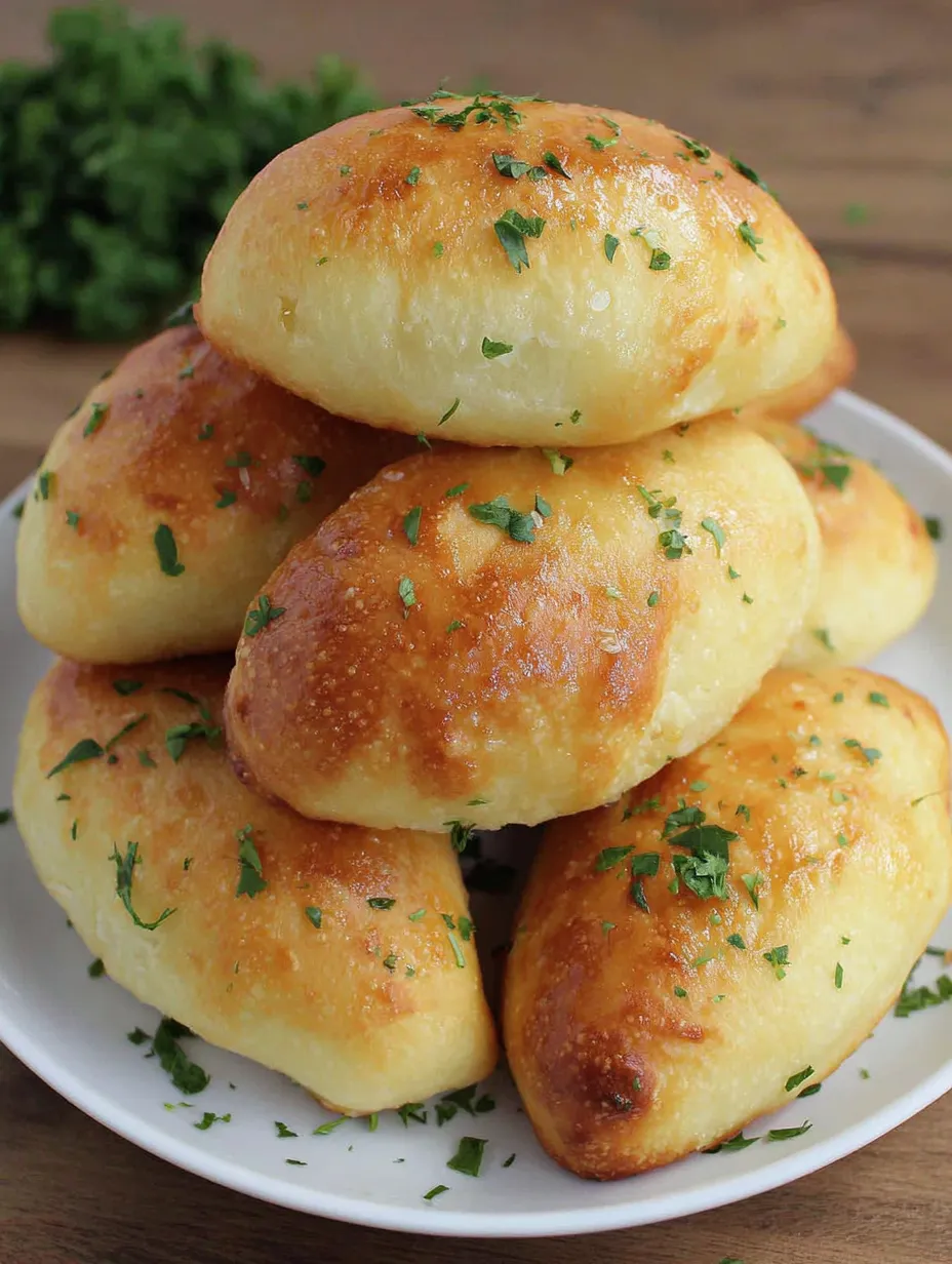 A stack of bread with green herbs on top.