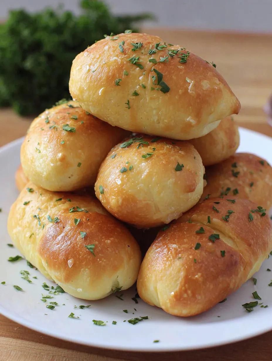 A stack of bread with green herbs on top.