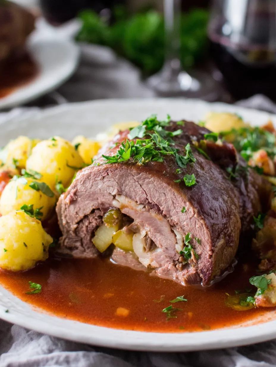 A plate of food with a meat roll and potatoes.