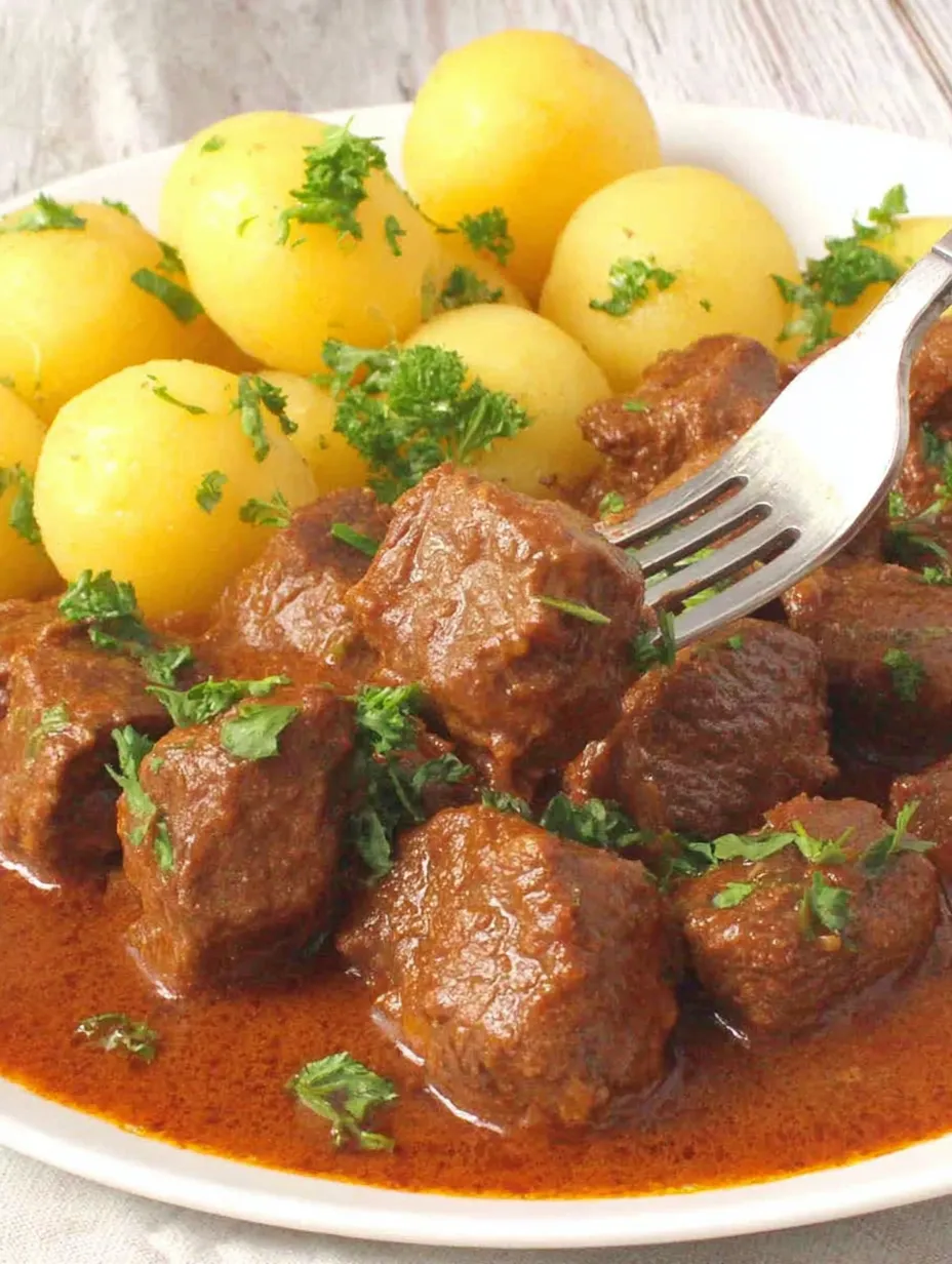 A fork is stuck in a plate of meat and potatoes.