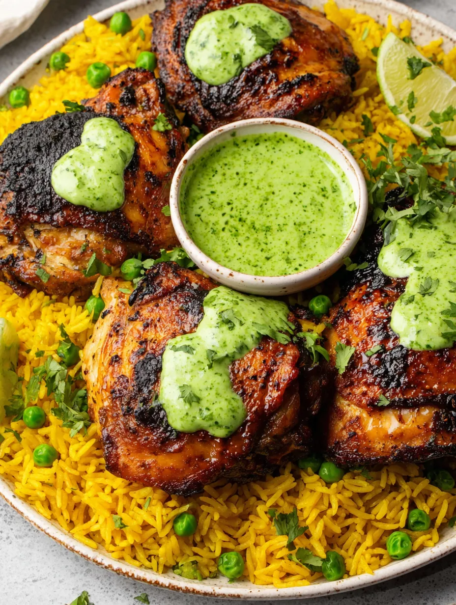 A plate of chicken with green sauce on it.