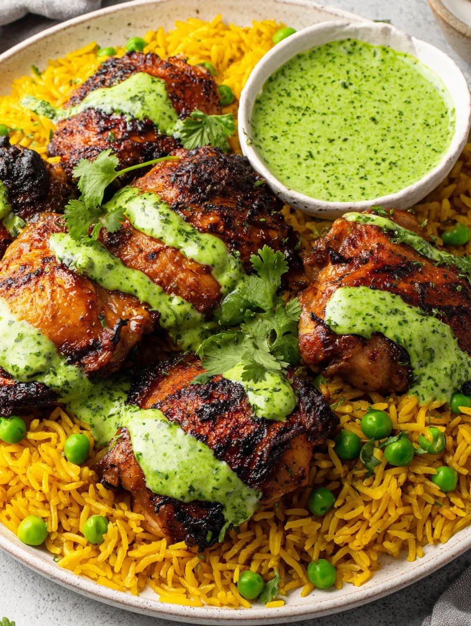 A plate of chicken with green sauce.