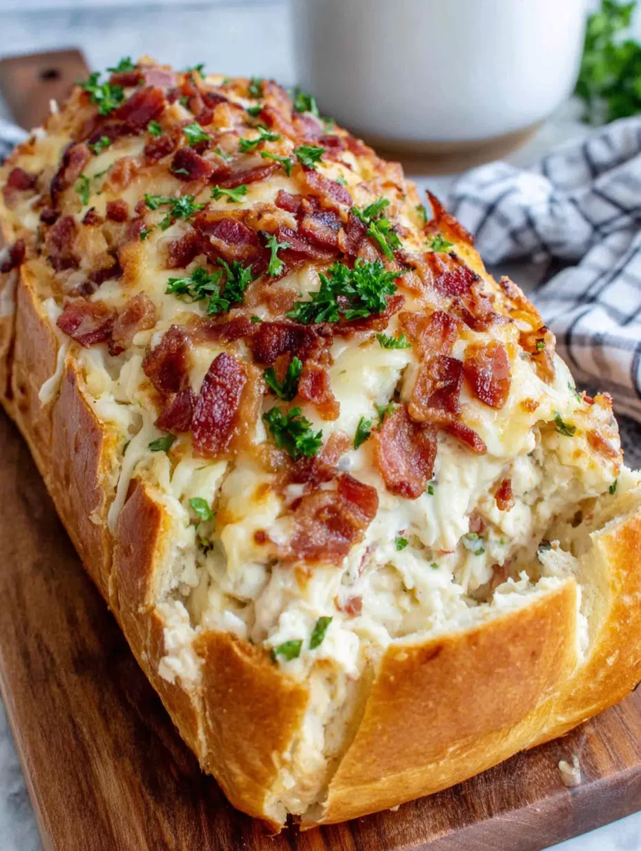 A loaf of bread with bacon on top.