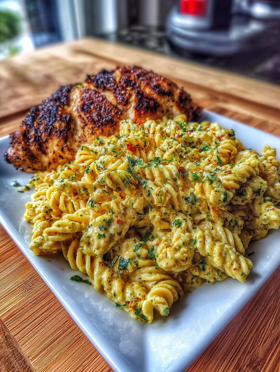 A plate of pasta with chicken and herbs.