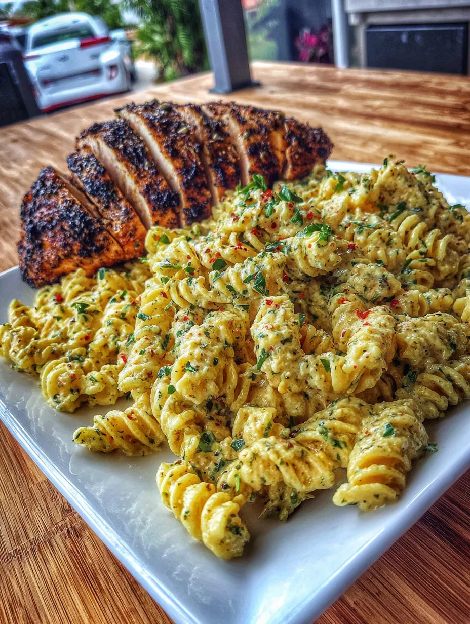 A plate of pasta with chicken and herbs.