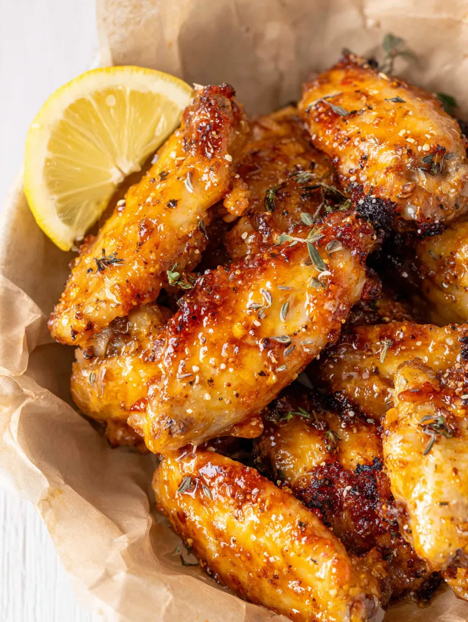A bowl of chicken wings with lemon wedges.