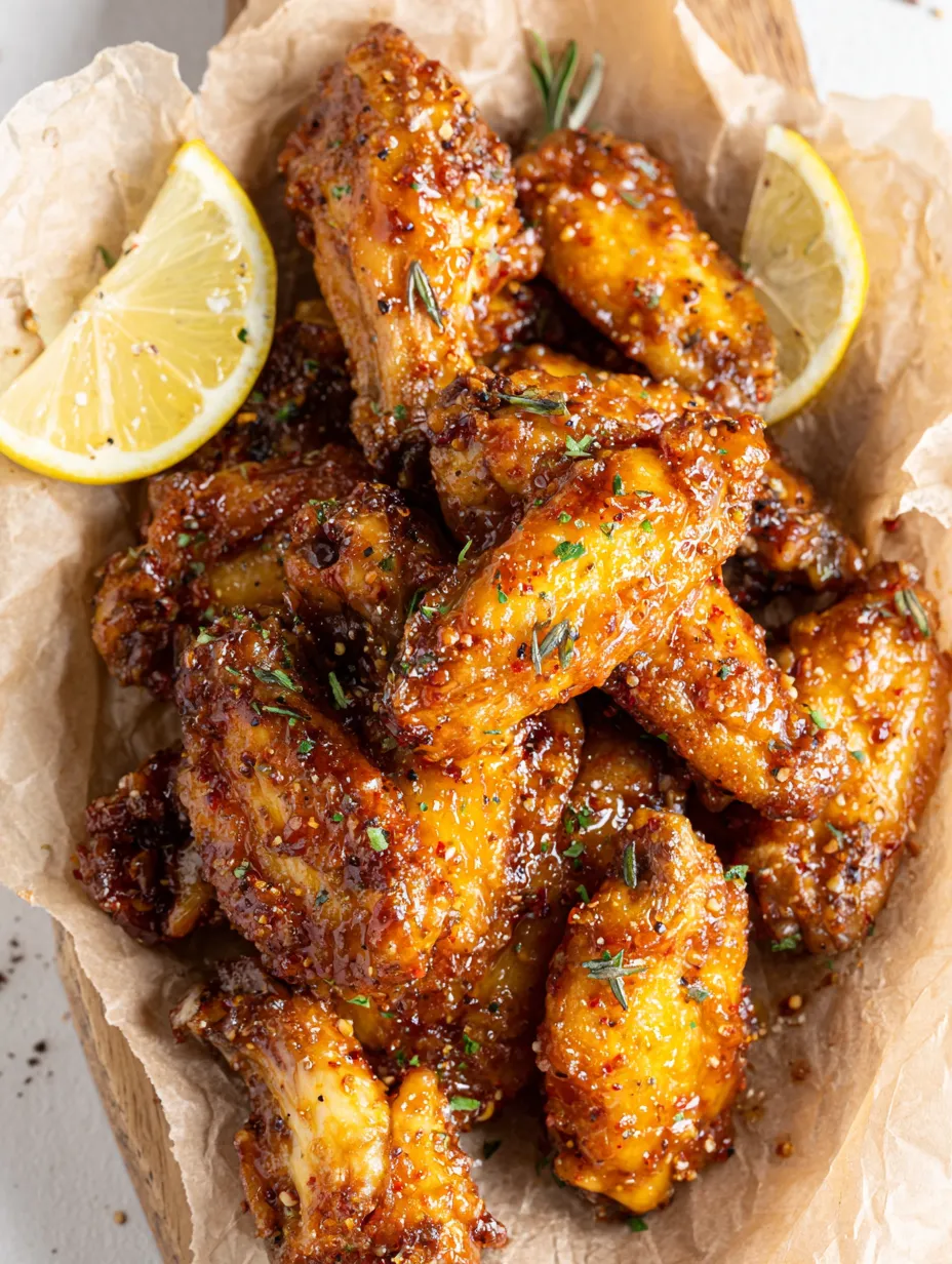 A plate of chicken wings with a lemon wedge.