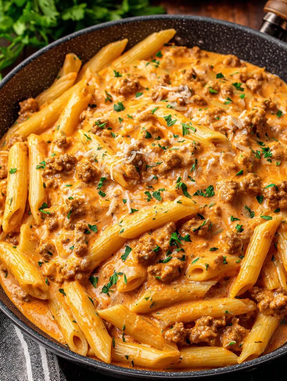 A bowl of pasta with meat sauce.