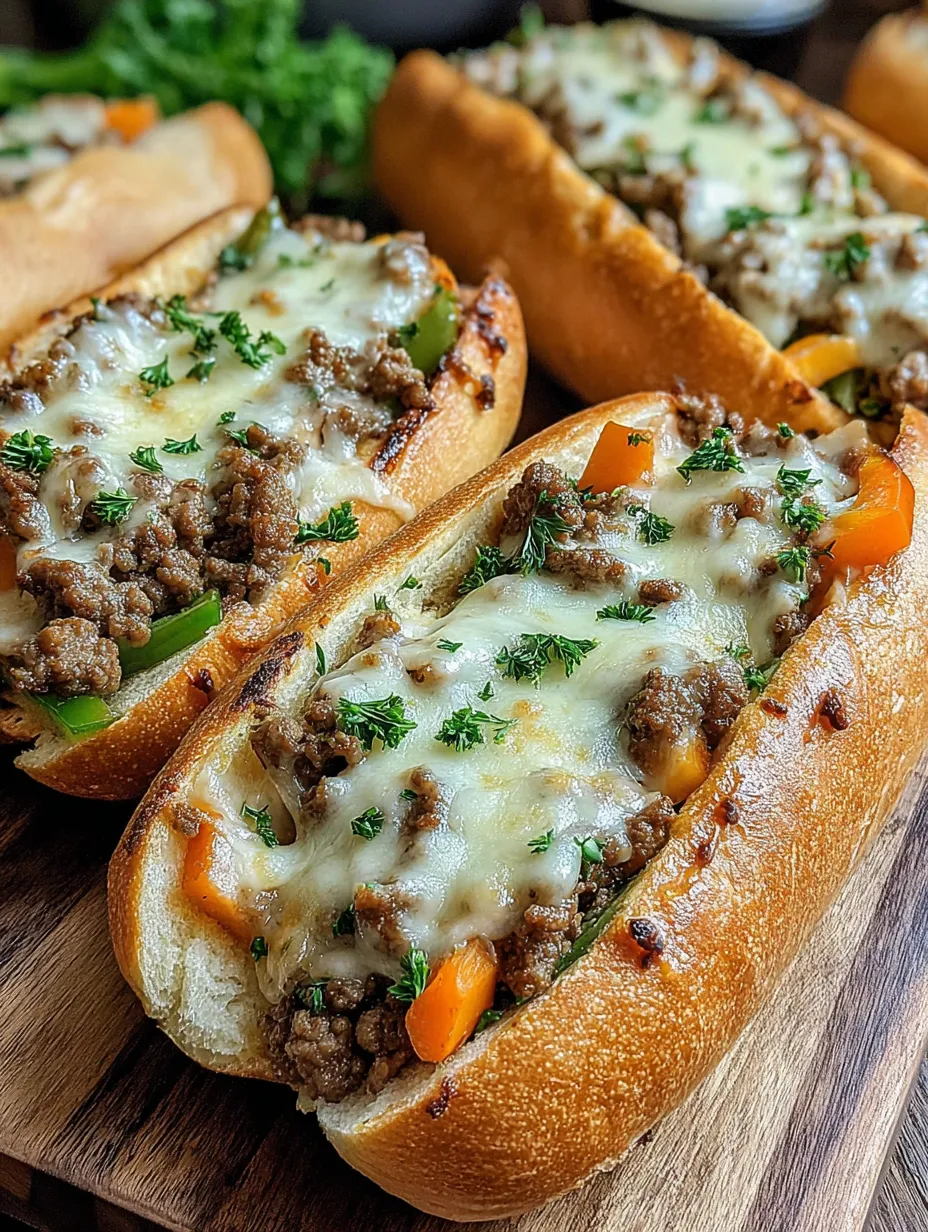 Two sandwiches with meat and cheese on a table.