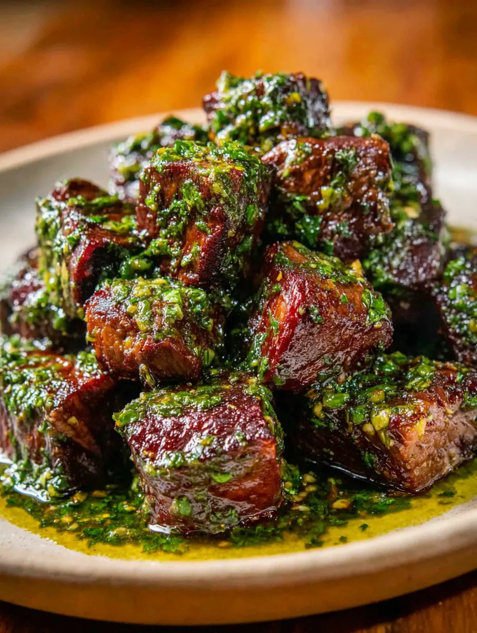 A plate of meat with green stuff on it.