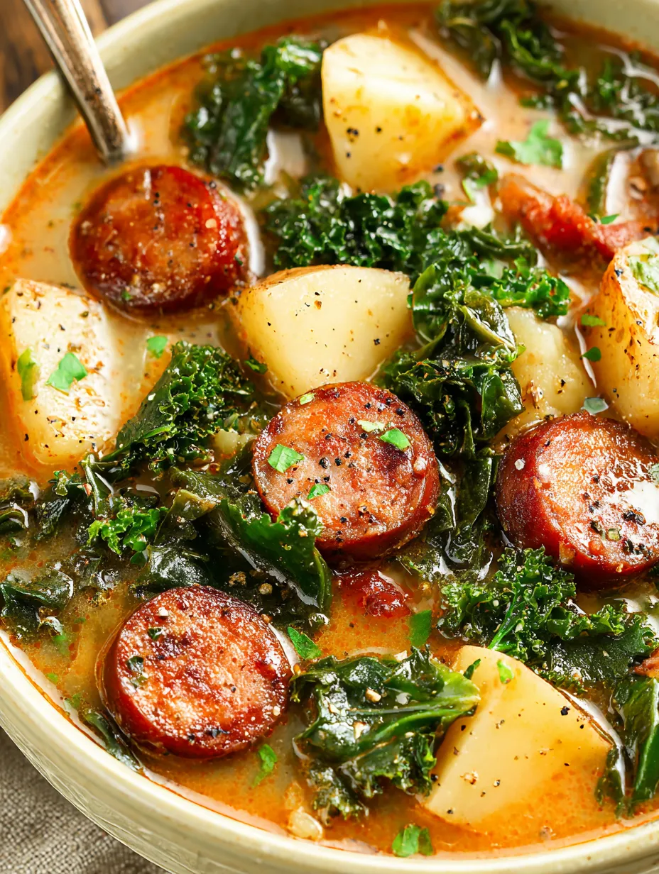 A bowl of soup with sausage and greens.