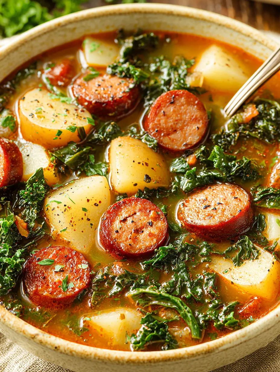 A bowl of soup with sausage, potatoes, and greens.