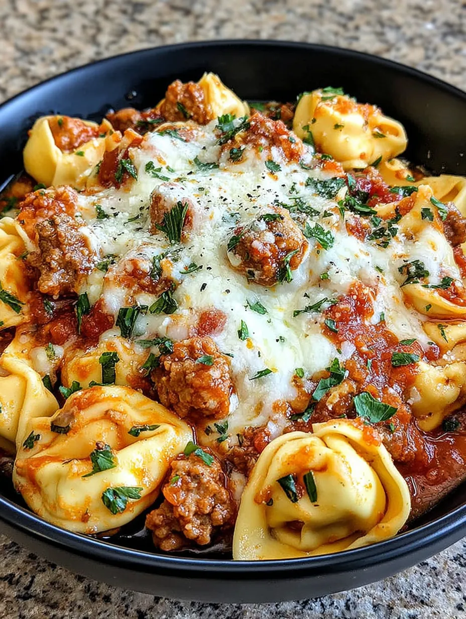 A bowl of pasta with meat and cheese.