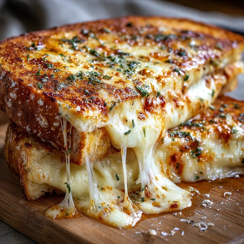 A slice of cheese toast on a wooden cutting board.